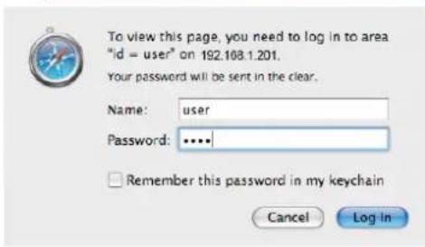 To view this page, you need to log in to area "id = user" on 192.108.1.201. Your password will be sent in the clear. Name: user Password: ...... Remember this password in my keychain Cancel Log In