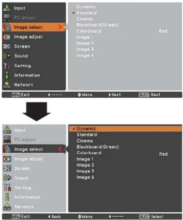 Input PC adjust Image select > Image adjust Screen Sound Setting Information Network Dynamic Standard Cinema Blackboard(Green) Colorboard Image 1 Image 2 Image 3 Image 4 Red View Exit ← → ←→ Move Next Next Input PC adjust Image select > Image adjust Screen Sound Setting Information Network Dynamic Standard Cinema Blackboard(Green) Colorboard Image 1 Image 2 Image 3 Image 4 View Exit ← Back ← Move ← → Select