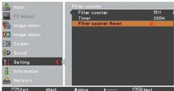Input PC adjust Image select Image adjust Screen Sound Setting Information Network Filter counter Filter counter 32H Timer 200H Filter counter Reset MENU Exit Back Move SELECT Next