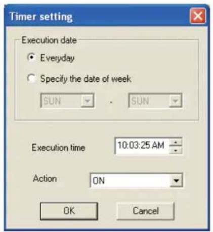 Timer setting Execution date Everyday Specify the date of week SUN SUN Execution time 10:03:25 AM Action ON OK Cancel