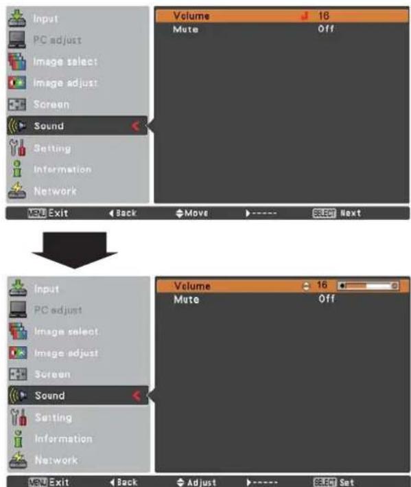 Input PC adjust Image select Image adjust Screen Sound Setting Information Network MENU Exit Back Move SELECT Next Volume 18 Mute Off Input PC adjust Image select Image adjust Screen Sound Setting Information Network MENU Exit Back Adjust SELECT Set