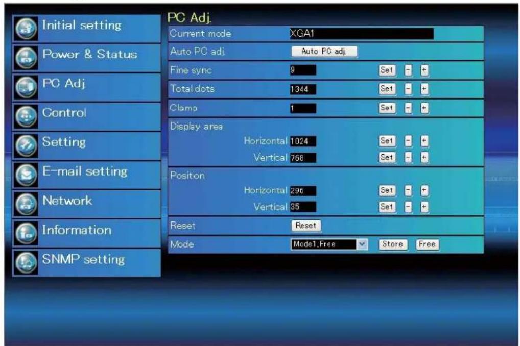 PC Adj Current mode XGA1 Auto PC adj Auto PC adj Fine sync 9 Set - + Total dots 1344 Set - + Clamp 1 Set - + Display area Horizontal 1024 Set - + Vertical 768 Set - + Position Horizontal 296 Set - + Vertical 35 Set - + Reset Reset Mode Mode1.Free Store Free Initial setting Power & Status PC Adj Control Setting E-mail setting Network Information SNMP setting