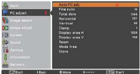 Input PC adjust Image select Image adjust Screen Sound Setting Information Network Auto PC adj. Fine sync 16 Total dots 1344 Horizontal 297 Vertical 36 Clamp 1 Display area H 1024 Display area V 768 Reset Mode free Store MENU Exit Back Move ---- Select Start