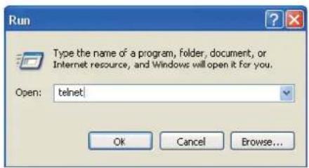 Run Type the name of a program, folder, document, or Internet resource, and Windows will open it for you. Open: telnet Ok Cancel Browse...