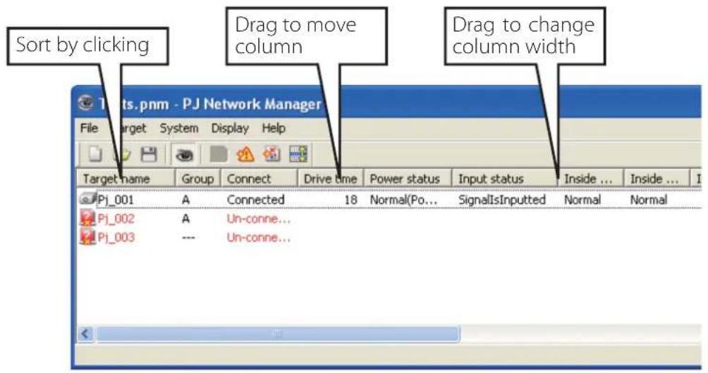 Sort by clicking Drag to move column Drag to change column width Pj_001 A Connected 18 Normal(Po... SignalIsInputted Normal Normal Pj_002 A Un-conne... Pj_003 --- Un-conne...