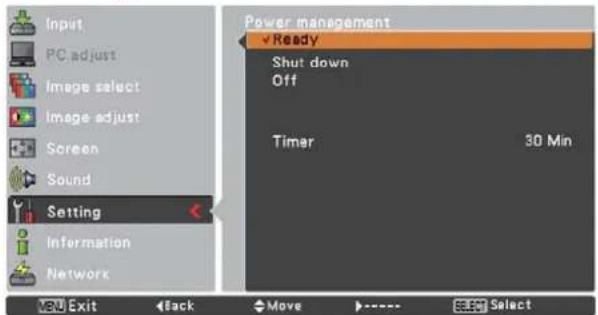 Input PC adjust Image select Image adjust Screen Sound Setting Information Network Power management Ready Shut down Off Timer 30 Min V6V Exit Back Move ---- Select