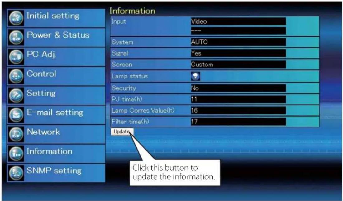 Initial setting Power & Status PC Adj. Control Setting E-mail setting Network Information SNMP setting Information Input Video System AUTO Signal Yes Screen Custom Lamp status Security No PJ time(h) 11 Lamp Corres Value(h) 16 Filter time(h) 17 Update Click this button to update the information.