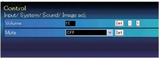 Control Input/ System/ Sound/ Image adj. Volume 15 Set - + Mute OFF Set