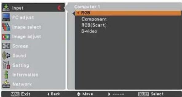 Input PC adjust Image select Image adjust Screen Sound Setting Information Network VDD Exit Back Move Select Computer 1 RGB Component1 RGB(Scart) S-video