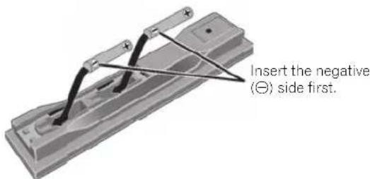 Insert the negative (⊖) side first.
