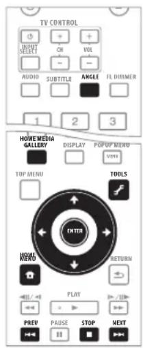 TV CONTROL INPUT SELECT OR VOL AUDIO SUBTITLE ANGLE FL DIMMER 1 2 3 HOME MEDIA GALLERY DISPLAY POPUP MENU TOP MENU TOOLS ENTER HOME MERO RETURN PLAY PRIV PAUSE STOP NEXT