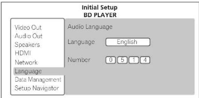 Initial Setup BD PLAYER Video Out Audio Out Speakers HDMI Network Language Data Management Setup Navigator Audio Language Language: English Number: 0 5 1 4