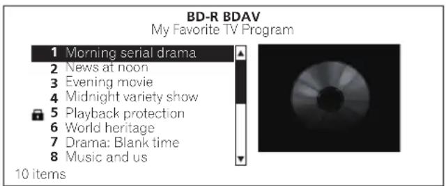 BD-R BDAV My Favorite TV Program 1 Morning serial drama 2 News at noon 3 Evening movie 4 Midnight variety show 5 Playback protection 6 World heritage 7 Drama: Blank time 8 Music and us 10 items