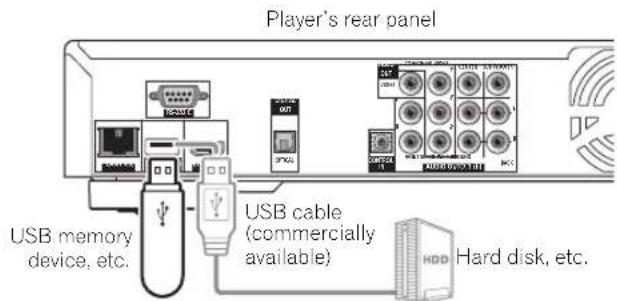 Player's rear panel USB memory device, etc. USB cable (commercially available) HDD Hard disk, etc.