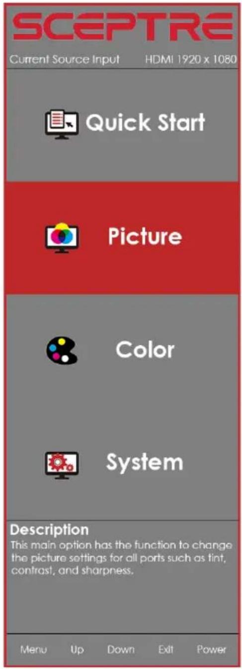 SCEPTRE Current Source Input HDMI 1920 x 1080 Quick Start Picture Color System Description This main option has the function to change the picture settings for all ports such as tint, contrast, and sharpness. Menu Up Down Exit Power