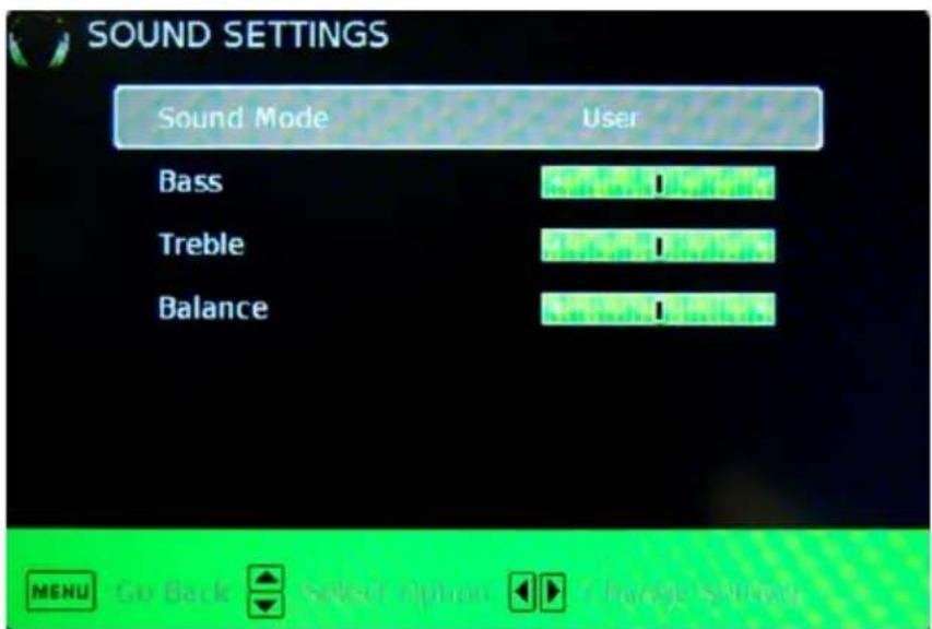 SOUND SETTINGS Sound Mode User Bass Treble Balance
