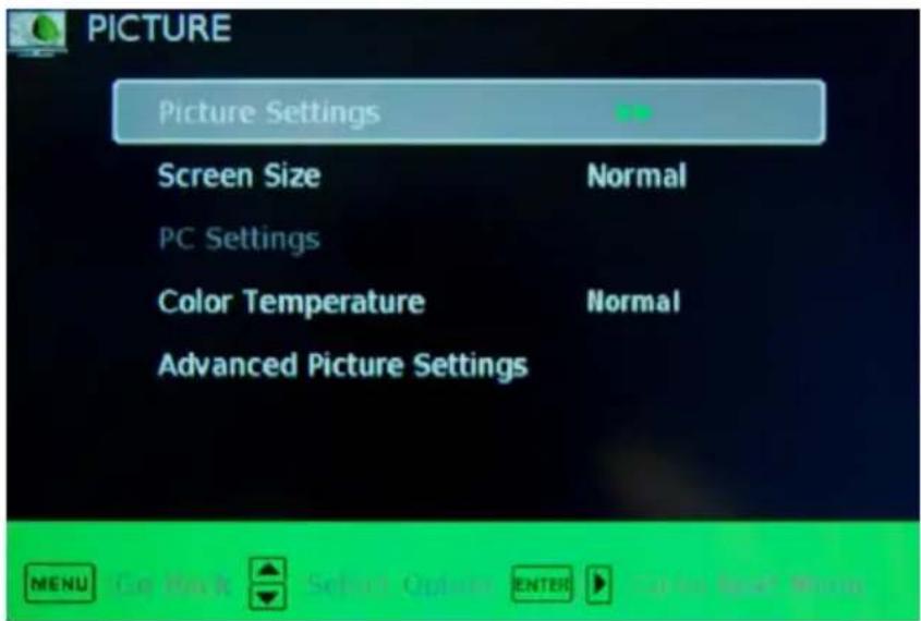 PICTURE Picture Settings Screen Size Normal PC Settings Color Temperature Normal Advanced Picture Settings MENU Care Back Select Options ENTER Cancel Quick More