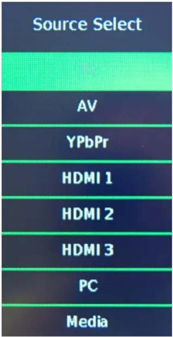 Source Select AV YPbPr HDMI 1 HDMI 2 HDMI 3 PC Media