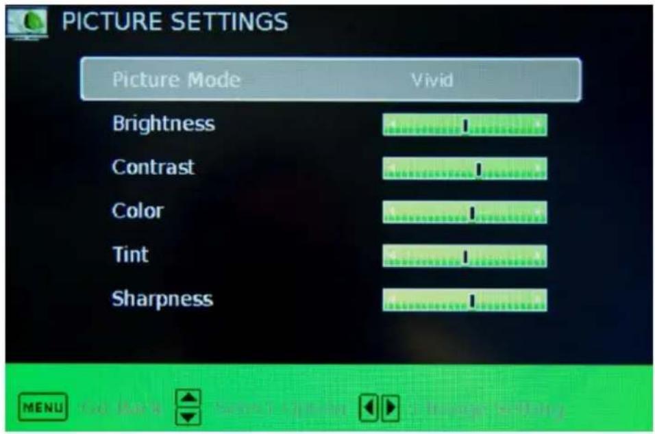 PICTURE SETTINGS Picture Mode Vivid Brightness Contrast Color Tint Sharpness