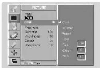 PICTURE PSM Peaktons Contrast 100 Brightness 60 Colour 50 Sharpness 50 Play Cool Norme Warm Year Red 30 Green 0 Blue 10