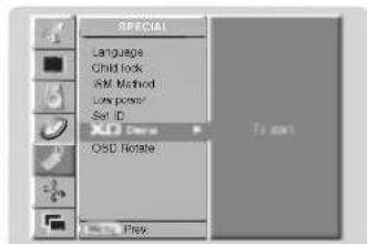 SPECIAL Language Child look KIM Method Low power Set ID XLO Devra OSD Rotate To start Prev