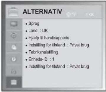 ALTERNATIV • Sprog • Land : UK • Hjælp til handicappede • Indstilling for tilstand : Privat brug • Fabriksnulstilling • Enheds-ID : 1 • Indstilling for tilstand : Privat brug