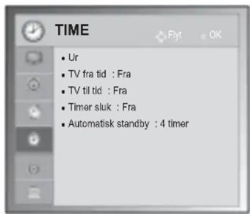 TIME • Ur • TV fra tid : Fra • TV til tid : Fra • Timer sluk : Fra • Automatisk standby : 4 timer