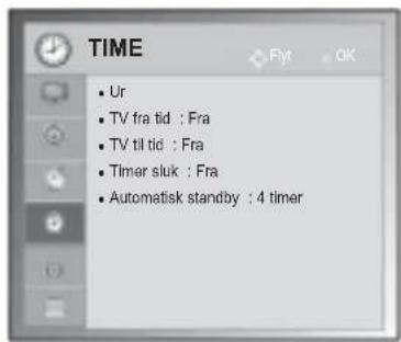 TIME • Ur • TV fra tid : Fra • TV til tid : Fra • Timer sluk : Fra • Automatisk standby : 4 timer