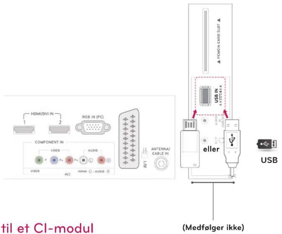 HDMI/DVI IN RGB IN (PC) COMPONENT IN VIDEO AUDIO VIDEO AV2 MANO - AUDIO ANTENNA/CABLE IN PCMCIA CARD SLOT USB IN V1-V2-V3-V4 eller USB (Medfølger ikke) til et Cl-modul