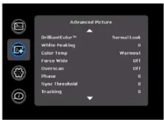 Advanced Picture DrillantColor™ Normal Look White Peaking 0 Color Temp Warmest Force Wide Off Diverscan Off Phase 0 Sync Threshold 0 Tracking 0