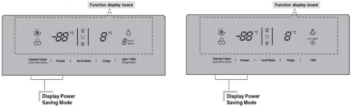 Function display board Express Freeze Lock/Unlock 30secs. | Freezer | Ice & Water | Fridge | Light / Filter Change 30secs. Display Power Saving Mode Function display board Express Freeze Lock/Unlock 30secs. | Freezer | Ice & Water | Fridge | Light Display Power Saving Mode