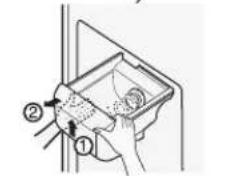 Diagram showing a hand holding a device with labeled parts, including numbered annotations ① and ②.