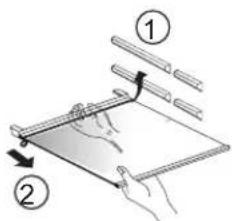 Diagram showing two hands holding a ruler and a sheet of paper, with numbered annotations indicating steps ① and ②.