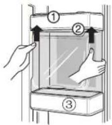 Diagram showing hand pressing a component with numbered parts and directional arrows indicating motion