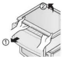Diagram showing two labeled steps of a device or folder, with arrows indicating direction of movement.
