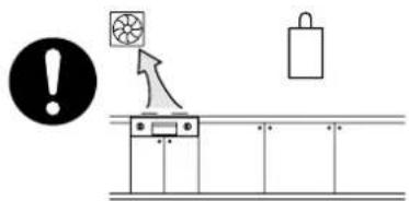 Diagram showing a warning icon, fan symbol, and lock mechanism with arrows indicating action or process flow.