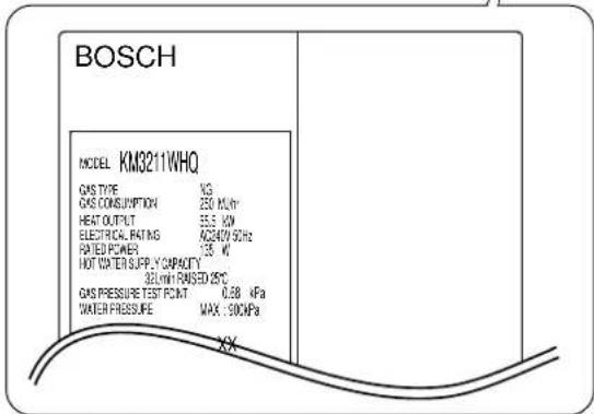 BOSCH MODEL KM3211WHQ GAS TYPE VG GAS CONSUMPTION 250 kN/m HEAT OUTPUT 55.5 kN ELECTRICAL RATING A0240V 90Hz RATED POWER 138 W HOT WATER SUPPLY CAPACITY 32L/min RANSTEX 80°C GAS PRESSURE TEST POINT 0.68 kPa WATER PRESSURE MAX : 900kPa