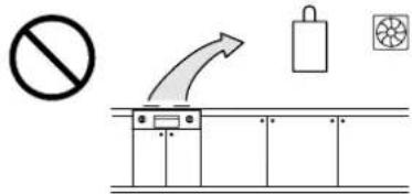 Safety warning symbol with prohibition sign, directional arrow, lock icon, and fan icon above a cabinet