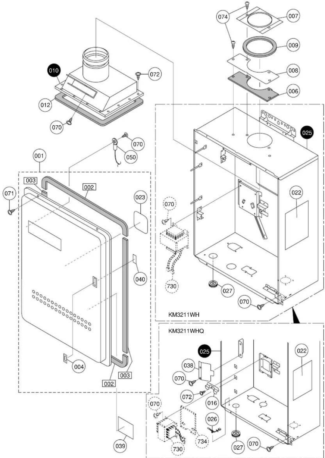 Technical diagram of a device's internal components with numbered parts, including front and back views for industrial equipment.