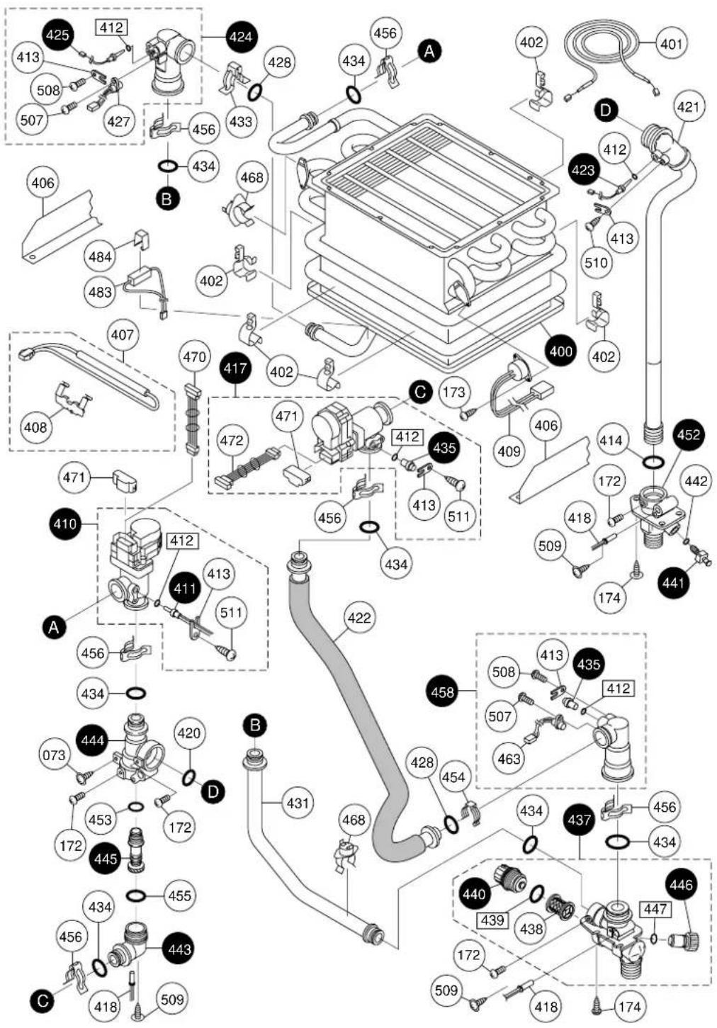 Exploded view diagram of a vehicle engine assembly with numbered components and labeled parts