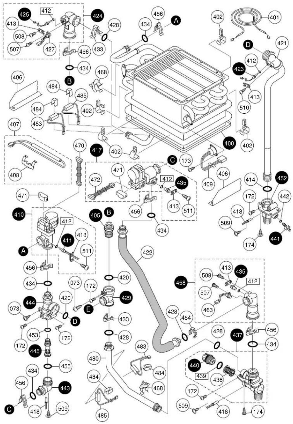 Exploded view diagram of a mechanical assembly with numbered parts and labeled connectors