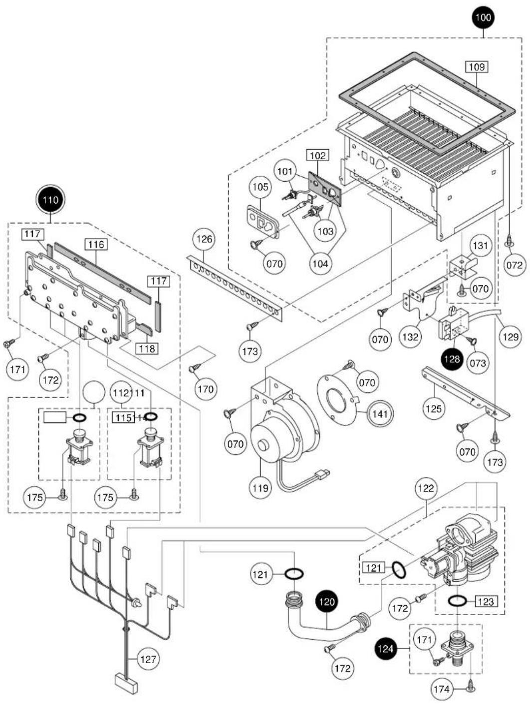 Exploded view diagram of a mechanical assembly with numbered components and labeled parts