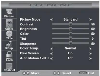 ELEMENT Picture Mode Standard Contrast 50 Brightness 50 Color 50 Tint 0 Sharpness 50 Color Temp. Normal Blue Screen On Auto Motion 120Hz Off Channel Move Select Exit