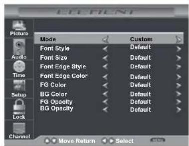 ELEFRENT Picture Audio Time Setup Lock Channel Mode Custom Font Style Default Font Size Default Font Edge Style Default Font Edge Color Default FG Color Default BG Color Default FG Opacity Default BG Opacity Default Move Return Select