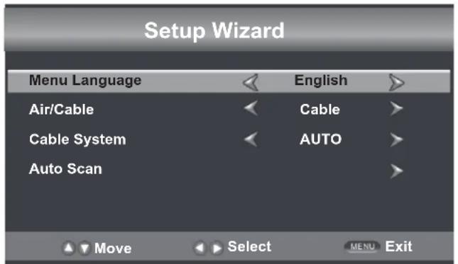Setup Wizard Menu Language English Air/Cable Cable Cable System AUTO Auto Scan Move Select MENU Exit
