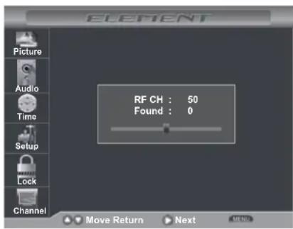 ELEMENT Picture Audio Time Setup Lock Channel RF CH : 50 Found : 0 Move Return Next