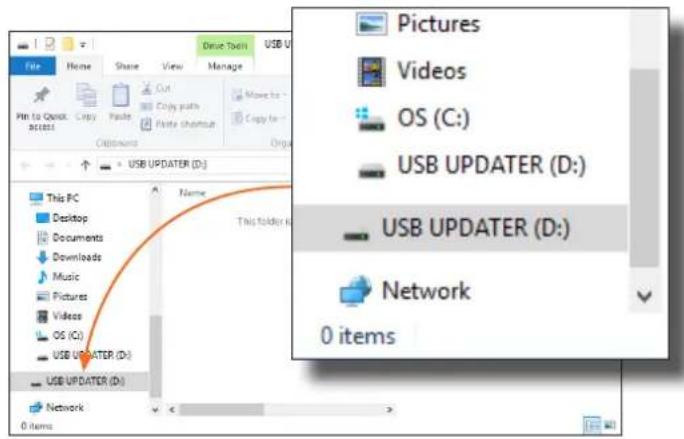 Drive Tools File Home Share View Manage Pin to Quick C:\Users\... Paste Cut Copy paths Paste shortman Customs Organ USB UPDATER (D:) This PC Desktop Documents Downloads Music Pictures Videos OS (C:) USB UPDATER (D:) USB UPDATER (D:) Network 0 items Pictures Videos OS (C:) USB UPDATER (D:) USB UPDATER (D:) Network 0 items