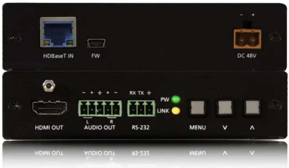 HDBaseT IN FW DC 48V HDMI OUT AUDIO OUT RS-232 RX TX PW LINK MENU V A SSE-28 TUO OIAUA TUO IMHD WEUM V