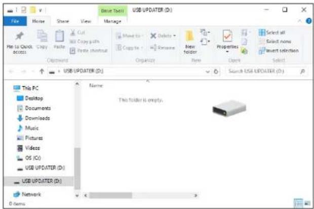 File Home Share View Manage File Tool USB UPDATER (D:) File Print to Quick access Copy Paste Cut USB Copy path Paste shortcut New Folder Properties Select all Select none Insert selection Outward Organize Open Select USB UPDATER (D:) USB UPDATER (D:) Search USB UPDATER (D:) This PC Desktop Documents Downloads Music Pictures Videos OS (O:) USB UPDATER (D:) USB UPDATER (D:) Network 0 items Name: This folder is empty.