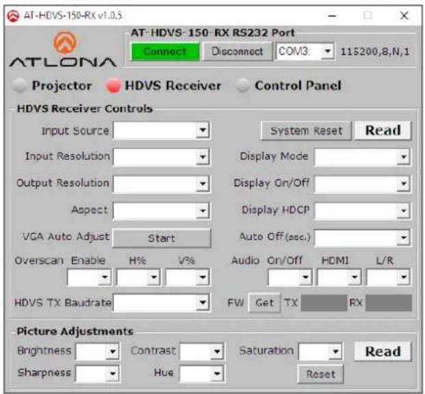 AT-HDVS-150-RX v1.0.5 AT-LONA AT-HDVS-150-RX RS232 Port Connect Disconnect COM3 115200,8,N,1 Projector HDVS Receiver Control Panel HDVS Receiver Controls Input Source Input Resolution Output Resolution Aspect VGA Auto Adjust Start Overscan Enable H% V% HDVS TX Baudrate System Reset Read Display Mode Display On/Off Display HDCP Auto Off(sec.) Audio On/Off HDMI L/R FW Get TX RX Picture Adjustments Brightness Contrast Saturation Read Sharpness Hue Reset